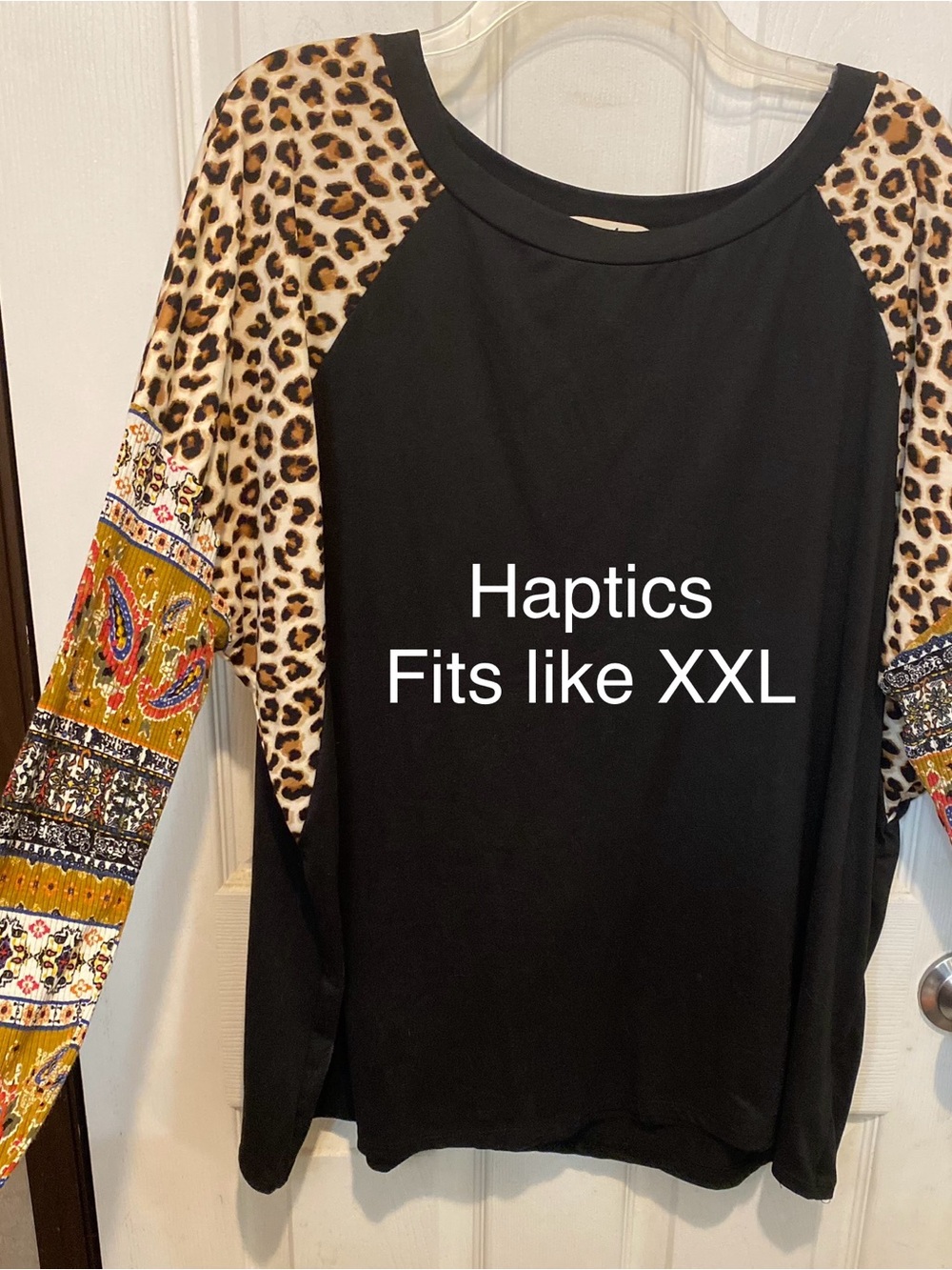 Haptics Black Raglan Top with Leopard & Paisley Sleeves